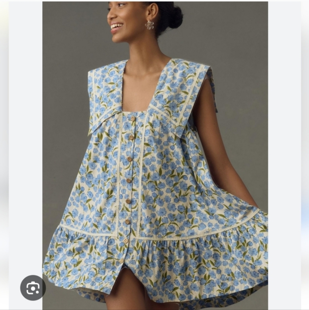 Maeve Collared Poplin Floral Print Swing Mini Dress Blue Motif Gold Tone  Xsp